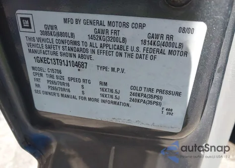 2001 GMC Yukon Slt from USA, damaged, VIN 1GKEC13T91J104687